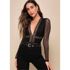Lulu’s Casita Black Sheer Lace Long Sleeve Bodysuit Size Medium Sexy Party Club